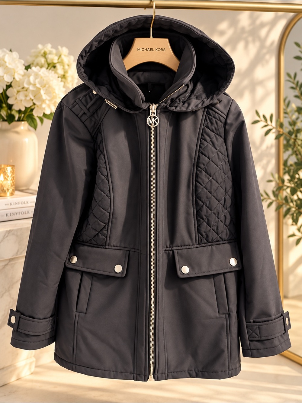 MICHAEL Michael Kors Black Quilted-Panel Hooded Puffer Jacket